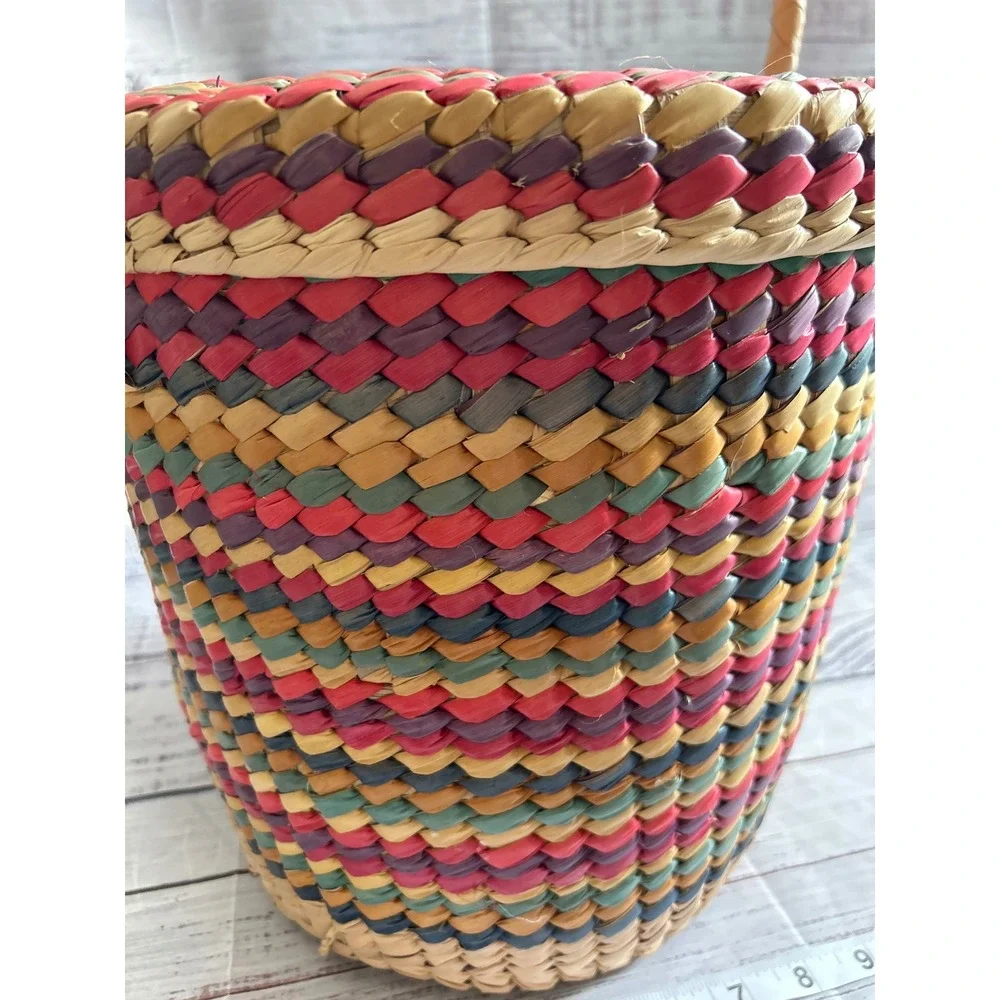 VTG Woven Snake Charmer Basket Boho Multicolor Striped Braided Handle Storage